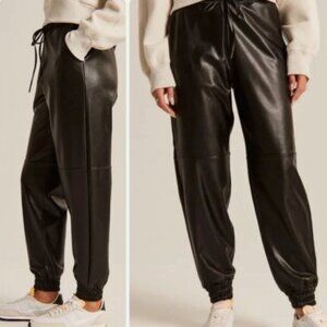 Abercrombie & Fitch Jogger Pants Women L Black Vegan Leather High Rise‎ Pull On